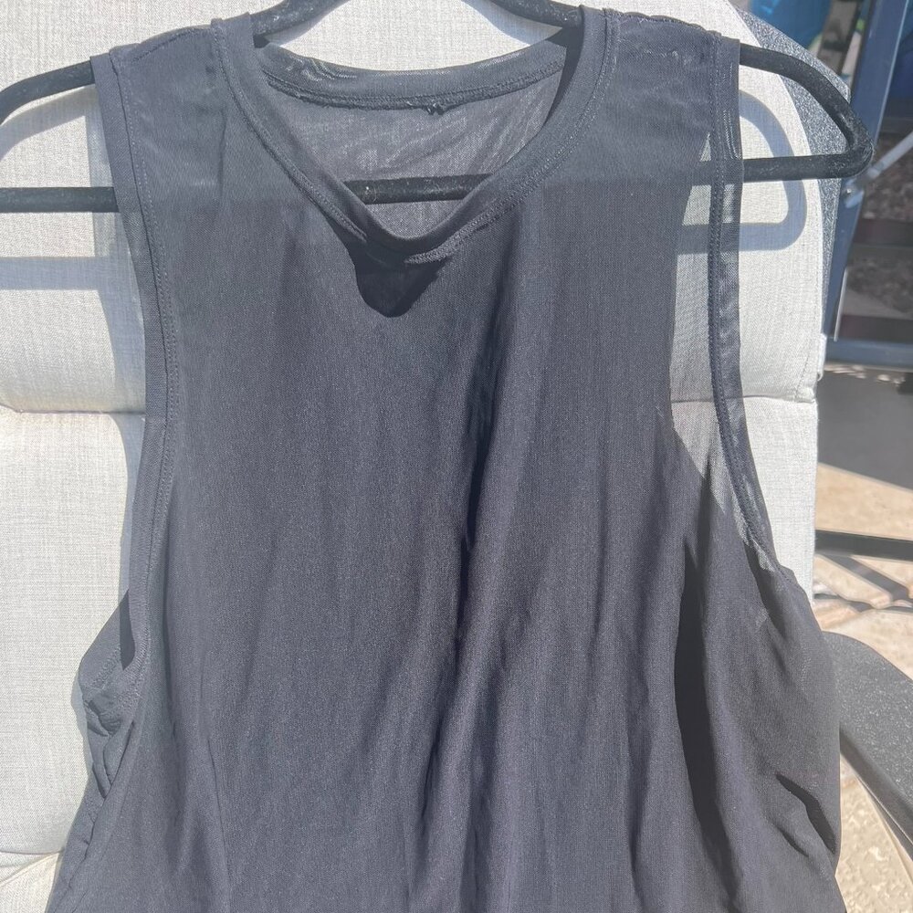 Athletic Tank Top, black, mesh, split back, crew neck, size Medium.
